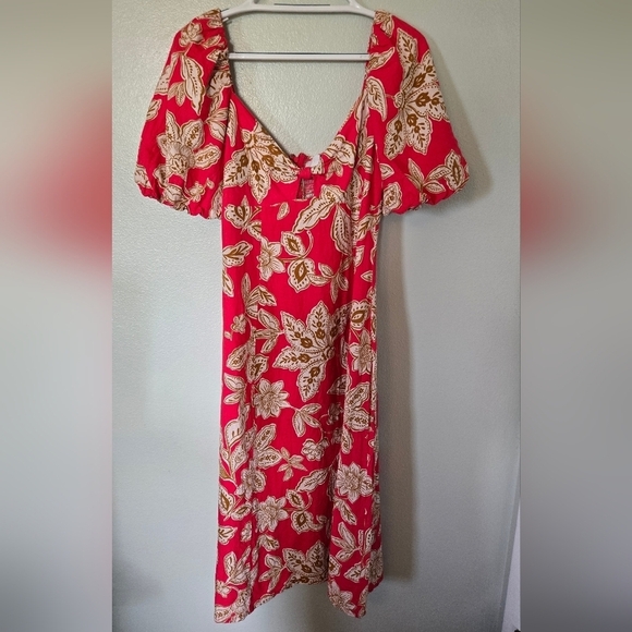Every Dresses & Skirts - Every | Bright Pink With Brown Floral Print Linen Blend Maxi Dress Size Large